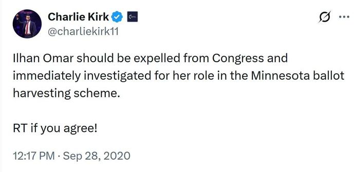 In 2020, Charlie Kirk called for Ilhan Omar to be expelled from Congress