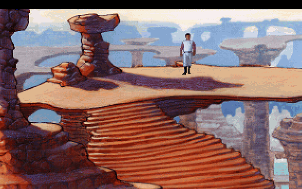 An extremely early screenshot of Sierra's Space Quest IV, showing the area on Estros where the Sequel Police timepod can show up. Roger is walking forward. His sprite is an early iteration with a motion-captured person, without much cleanup work having been done. The person is wearing a costume basically the same as what Roger wears in the final game, but their hair is dark rather than blond. The upper status line is a blank black space, without any game title written on it.