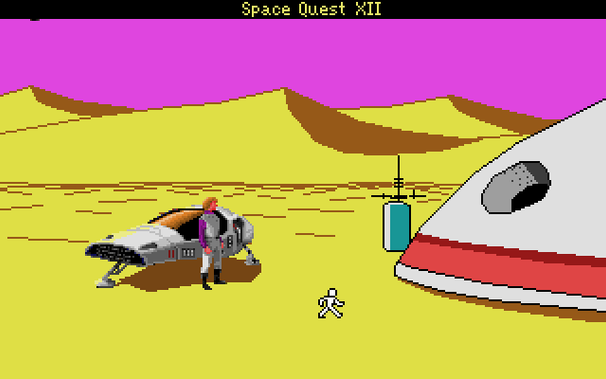 A screenshot from a leaked pre-release beta version of Sierra's Space Quest IV, showing Roger outside his time pod in Ulence Flats in the Space Quest 1 time period. In the upper-left corner of the screen there is a glitched horizontal line of black pixels visible against the purple sky, a strange error that is encoded into the background art for some reason.