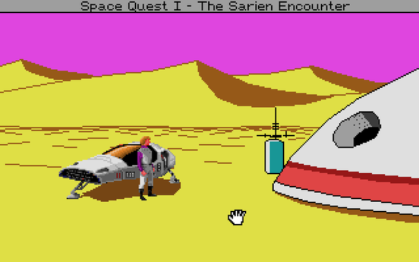 A screenshot from the VGA floppy version of Sierra's Space Quest IV, showing Roger outside his time pod in Ulence Flats in the Space Quest 1 time period. The upper-left corner no longer has a line of glitched black pixels.