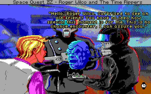 A screenshot of the intro of the EGA version of Sierra's Space Quest IV, showing the closeup of Roger being shown the hologram of Sludge Vohual. In the upper left corner there is what appears to be a horizontal line of distorted pixels, including several black pixels and a few in other colors.