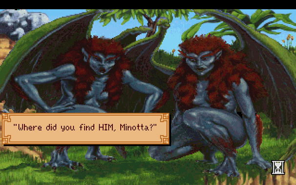 A screenshot of the VGA floppy version of Sierra's King's Quest V, showing the closeup of the harpies. In the upper left corner there is what appears to be a horizontal line of distorted pixels, including several black pixels and a few in other colors.