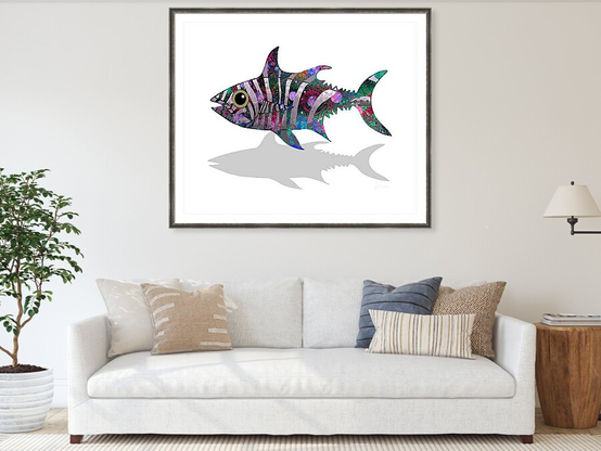 Wall mounted framed print of Colourful Catch Striped Fish With Shadow by Joan Stratton - Paintingsbyjoan.com , in a lounge room setting.
A vibrantly coloured striped fish floats in a sea of imagination, its body stitched with swirls and colour, casting a shadow that whispers of movement and mystery.
Purple, green, pink, and blue ripple across its form like underwater fireworks, while its silhouette swims quietly beneath, echoing the rhythm of the deep.
This piece is a playful exploration of contrast and character, where bold colour meets quiet shadow, and the ordinary becomes extraordinary. I created this artwork using my Ether Art technique — hand-drawn digitally from a blank canvas, blending expressive abstraction with vibrant storytelling.
Perfect for lovers of quirky marine art, surreal design, and joyful colour. Available across fine art prints, canvases, puzzles, apparel, and home décor.
Loaded without a background so you can choose your own colour on products :)
Explore more expressive aquatic and abstract works in my gallery at:
https://joan-stratton.pixels.com/collections/fish+
sea+dragons+and+horses