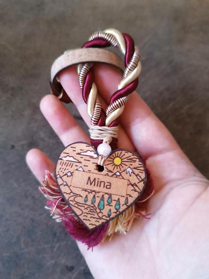 handmade leather heart charm with custom engraving to use as keychain, bag charm, luggage tag or wristlet