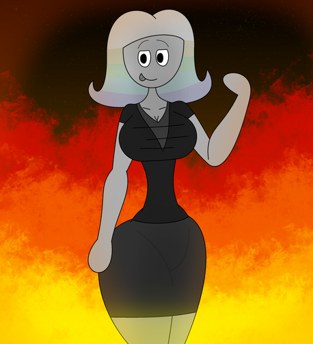 Tungsten is seen smiling at the viewer with her tongue slightly sticking out, and she's surrounded by searing fire unharmed, meaning she is fireproof.