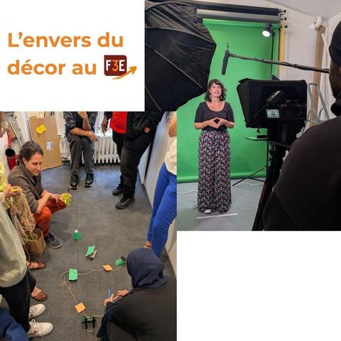 Collage de photos montrant l'équipe du F3E en train d'enregistrer une vidéo sur fond vert, et en train de tester une activité avec des objets sur le sol