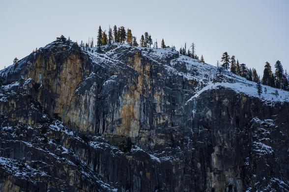 A close-up of a rugged mountain peak covered in snow, with a line of trees along the summit.