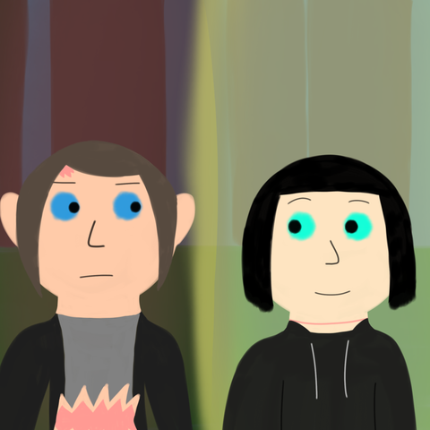 Drawing of Minna looking unsure at Millie and Millie looks Minna with a smile. The background is in a forest but there are darkish red and yellowish blue shading. Minna is standing in the darkish red area, symbolizing how she is angry and doesn't see any positives and Millie is standing in the yellowish blue area, symbolizing how Millie is happy and sees positives but deep down she does feel some sadness