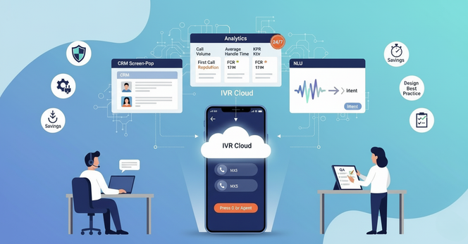 Visual IVR on smartphone connected to cloud IVR, CRM screen-pop, analytics KPIs, and NLU waveform — illustrating modern IVR features.