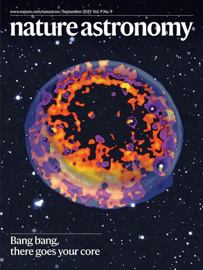 A cover of the Nature Astronomy journal, dated Spetember 2025, Volume 9, issue 9. Featuring a colorful illustration of the ejecta produced by a supernova, against a starry sky. Title reads "Bang bang, there goes uour core".