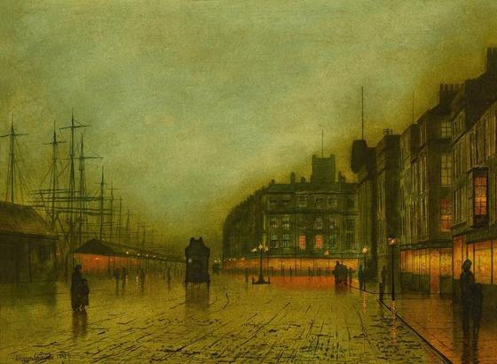 John Atkinson Grimshaw, 'Liverpool Docks,' 1892.
The painting depicts a misty evening at Liverpool’s docks, with the wet street reflecting the glow of gas lamps and shop windows. The left side of the image shows the tall masts of docked ships, their rigging silhouetted against a hazy greenish sky. Figures move through the mist—some alone, others in pairs—and a dark horse-drawn carriage traverses the shiny street. In the right foreground, tightly packed buildings display softly lit windowpanes. The entire scene is bathed in a mysterious, atmospheric light that suggests both the bustle and solitude of the Victorian waterfront.
Via Meisterdrucke.nl