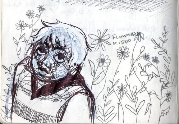 Roughly drawn pen and pencil sketch. A short haired boy in a sweater is looking up. Behind him there is pencil simple flowers and plants, with a text "Flower kiddo"