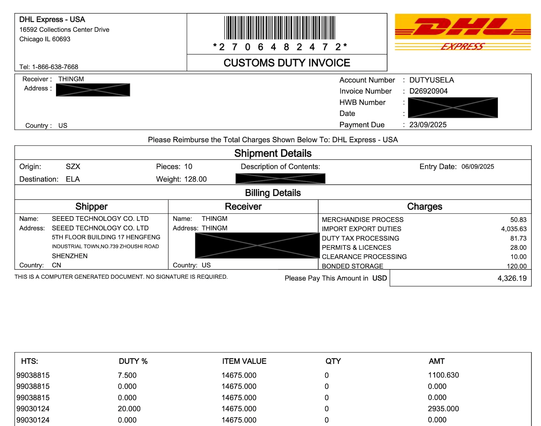 partial screenshot of a DHL customs duty invoice showing a $4326 charge on a $14675 shipment