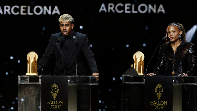 Lamine Yamal i Vicky López, al faristol de la gala de la Pilota d'Or 2025 (Reuters)