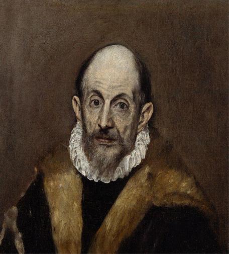 A dark, muted oil painting of a middle-aged man with a long, narrow face, pointed beard, and large, expressive eyes. He wears a black robe trimmed with fur and a white ruffled collar. The background is plain brown, emphasizing his intense, slightly sorrowful gaze. His skin is pale and angular, his features elongated — stylized in the signature manner of El Greco. The expression suggests quiet depth, as if he's been thinking for a very long time.