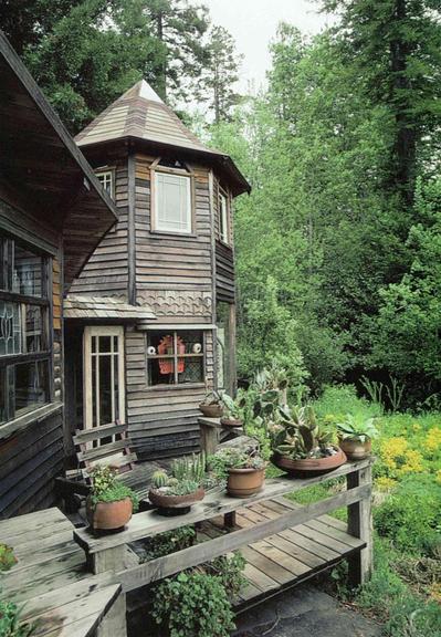 Rustic wooden building with a conical turret, surrounded by lush green trees and a deck with potted succulents.