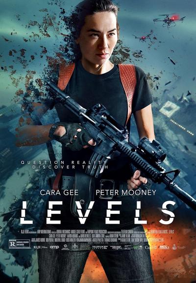 Promotional poster. Gee holds a long gun and wears tactical gear. Her body is slightly pixelated at the edges. The background is dark blue and cloudy.