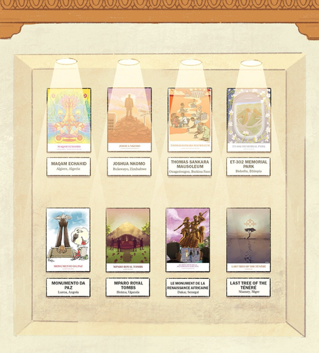 The image shows an illustrated frame with eight cards of African monuments and memorials, each labeled with name and location.  Top row (left to right): Maqam Echahid, Algiers, Algeria Joshua Nkomo, Bulawayo, Zimbabwe Thomas Sankara Mausoleum, Ouagadougou, Burkina Faso ET-302 Memorial Park, Bishoftu, Ethiopia  Bottom row (left to right): Monumento da Paz, Luena, Angola Mparo Royal Tombs, Hoima, Uganda Le Monument de la Renaissance Africaine, Dakar, Senegal Last Tree of the Tenere, Niamey, Niger