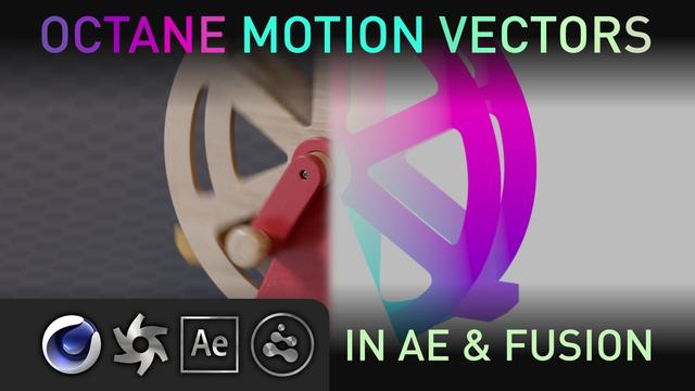 Thumbnail for a YouTube video "Octane Motion Vectors" showing a ferris wheel. The left side depicts the ferris wheel in realistic shading and the right side displays the motion vectors from it.