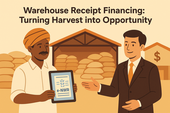 Flat illustration of a farmer holding a tablet with an e-NWR displayed, standing in a warehouse filled with grain sacks, while a banker extends a hand in trust.
