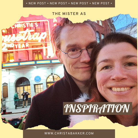 A picture of Christa Bakker and her husband in front of the London theatre where Agatha Christie's Mousetrap is performed.