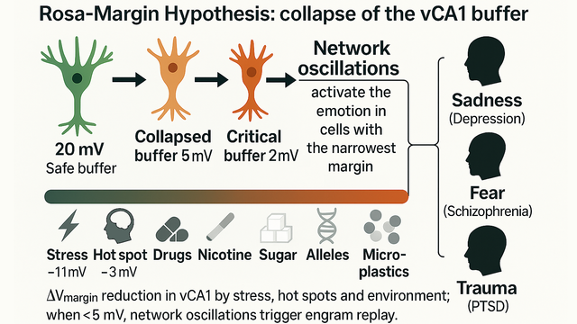 Graphical abstract of a unifying hypothesis: narrowing of the ventral CA1 excitability buffer (ΔVmargin) integrates stress, genes, environment, and network oscillations. Below ~5 mV, oscillations involuntarily activate fear/sadness/trauma engrams → schizophrenia, depression, or PTSD.