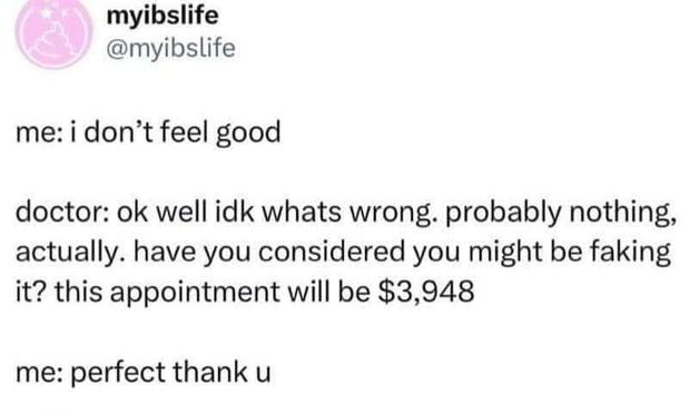 @myibslife

me: i don't feel good
doctor: ok well idk what's wrong. probably nothing, actually. have you considered you might be faking it? this appointment will be 3,948

me: perfect thank you