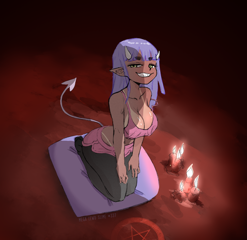 A seductive demon elf girl with blue hair, horns, and a tail sits on a pillow on a red floor with a pentagram and candles nearby. She looks up at the viewer with a cheeky smile and half-lidded eyes. Her large tanned breasts show clear tan lines, and she's dressed in transparent thongs, tiny pink shorts, and a revealing top.
青い髪に角と尻尾を持つ小悪魔エルフの少女が、赤い床の上のクッションに座り、前にはペンタグラム、左にはキャンドルが灯る。挑発的な笑みと半開きの目で見上げるように視線を向けている。大きな日焼け跡のある胸が際立ち、透けたTバック、ピンクのショートパンツ、胸元が見えるトップを身に着けている。