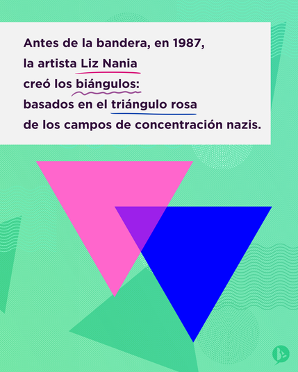 2) Texto "Antes de la bandera, en 1987, la artista Liz Nania creo los biángulos: basados en el triángulo rosa de los campos de concentración nazis."
Se ven en el centro los biángulos.
Texto sobre fondo con geometrías.