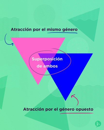 3) Texto "Significan atracción por el mismo género (rosa), género opuesto (azul) y la superposición de ambos (lavanda)."Se ven en el centro los biángulos.Texto sobre fondo con geometrías.