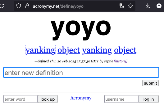 The result for "yoyo" on Acronymy's website is "yanking object yanking object".