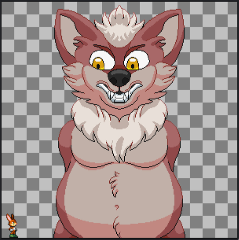 A giant pixel wolf, arms still missing, looking down at a sprite of Surge the Rabbit.