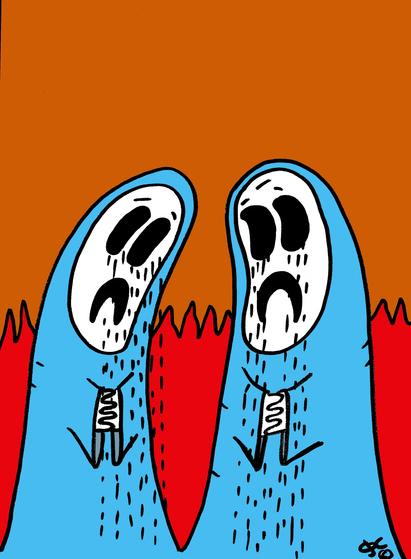 This artwork depicts two tall, abstract, blue figures standing side by side against a bright orange background with jagged red shapes at the bottom, resembling flames or spikes.

Each figure has a long, oval-shaped white face with hollow black eyes and a downturned mouth, giving them a look of sadness or despair. Black lines drip down from their eyes and mouths like tears or sweat, emphasizing their distressed expression.

Their bodies are simple, finger-like shapes with no visible arms or legs, but each one has a small, black, spring-like coil drawn on their chest, suggesting something mechanical or wound-up inside them. The style is cartoonish, with thick black outlines and bold, flat colors.

Overall, the image conveys a strong sense of anxiety, fear, or sadness, expressed through its exaggerated faces and fiery background.