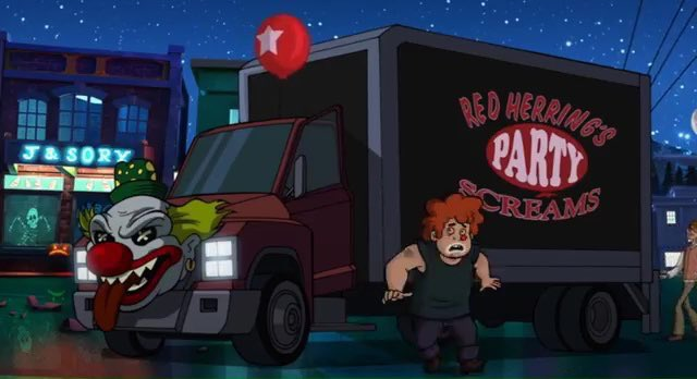 Red Herring (from A Pup Named Scooby Doo) in front of a scary clown business van.