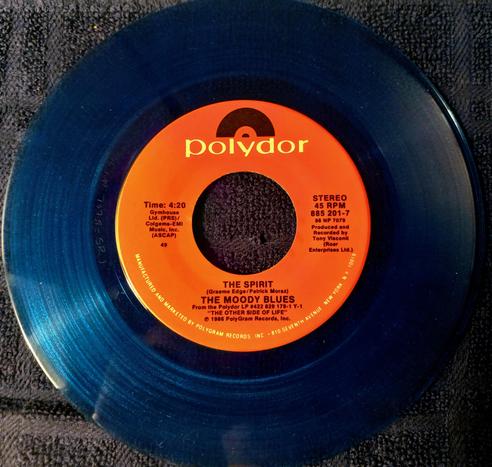 This is the blue vinyl B-side "The Spirit" by The Moody Blues from 1986 on Polydor Records.