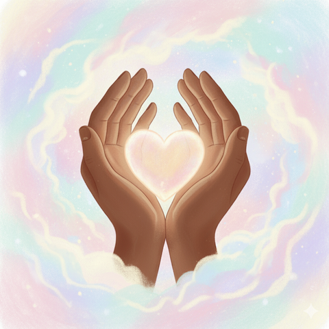 Clouds, African American hands holding a heart.