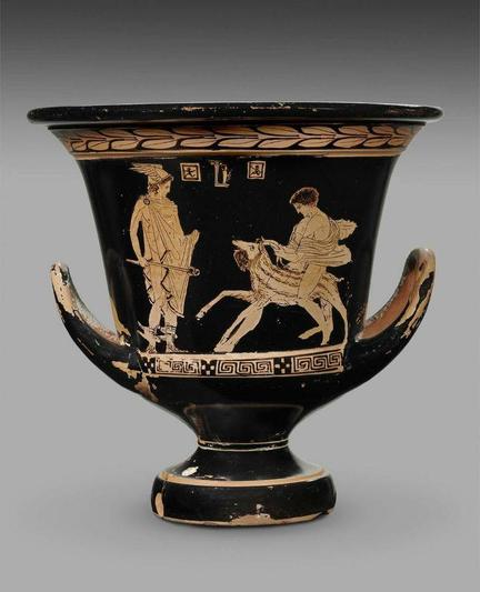 Red-figure painting depicting a sacrifice to Hermes. The god stands on the left with his winged hat and shoes, holding his kerykeion staff, while a young man approaches him with a goat, holding it by the horns.