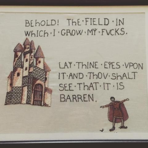 "BEHOLD! THE FIELD IN WHICH I GROW MY FUCKS

"LAY THINE EYES UPON IT AND THOU SHALT SEE WHAT IT IS BARREN"

In the style of the Bayeux Tapestry 