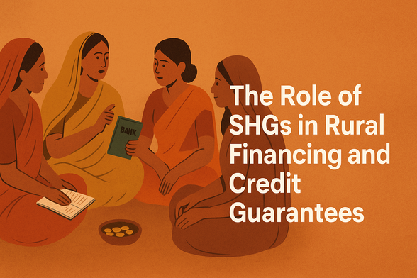 Infographic showing the journey of Self-Help Groups (SHGs) from savings to enterprise growth. Icons represent a piggy bank (savings), loan book (loans), handshake (partnership with banks), shield (credit guarantee), and a small shop (enterprise growth).