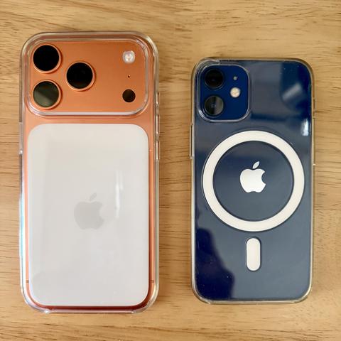 iPhone 17 Pro and iPhone 12 mini both in Apple clear MagSafe cases.