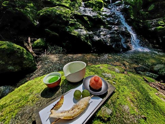 An unusual tomato flavored ohagi for outdoor tea.