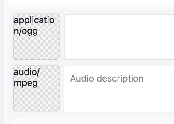 Phanpy composer with media attachments UI, showing two debugging text for the MIME type, "application/ogg" and "audio/mpeg"