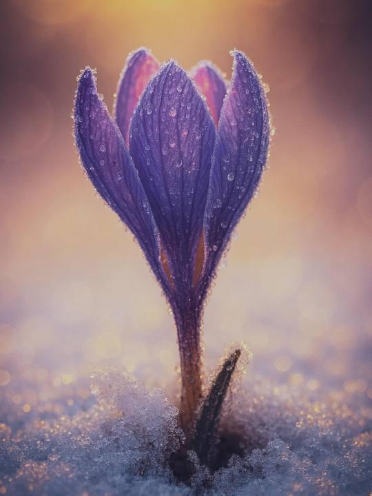 A purple crocus emerging from the snow.