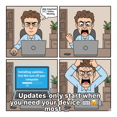 A four-panel comic meme. Panel 1: A serious person sits at a desk, looking at their laptop with a calendar icon that says "Important Online Meeting." Panel 2: The person clenches their fist in frustration. Panel 3: The laptop screen shows a blue "Installing updates... Do Not turn off your computer" screen. Panel 4: The person pulls their hair in despair. The text at the bottom reads: "Updates only start when you need your device the most.