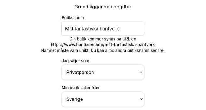 Skärmbild över butiksuppgifter för att skapa ny butik