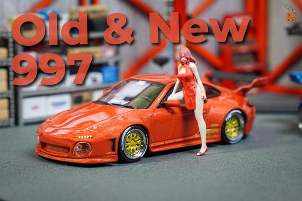 A left side of Old & New 997, Red metallic by Tarmac Works in 1:64 scale with 1:64 figures on AREA 164