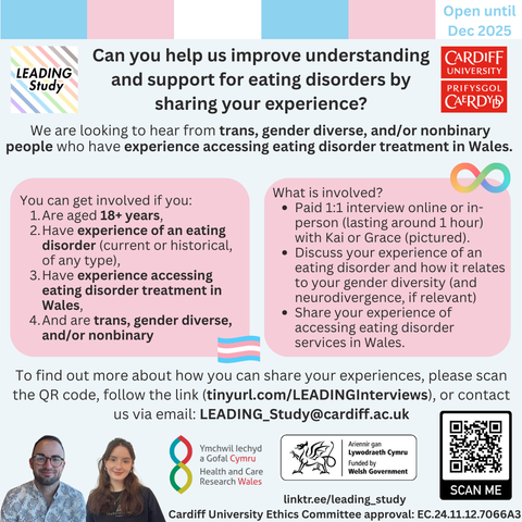  light blue background, trans flag decoration at the top of the poster, text: 
Open until December 2025

You can get involved if you: 1. Are aged 18+ years, 2. Have experience of an eating disorder (current or historical, of any type), 3. Have experience accessing eating disorder treatment in Wales, 4. And are trans, gender diverse and/or nonbinary.
What is involved?
Paid 1:1 interview online or in-person (lasting around 1 hour) with Kai or Grace (pictures of them are displayed on the poster). Discuss your experience of an eating disorder and how it relates to your gender diversity (and neurodivergence, if relevant). Share your experience of accessing eating disorder services in Wales. 
To find out more about how you can share your experiences, please scan the QR code (included on the poster), follow the link (tinyurl.com/LEADINGInterviews), or contact us via email at LEADING_Study@cardiff.ac.uk.
There is a link to a linktree provided: linktr.ee/leading_study
