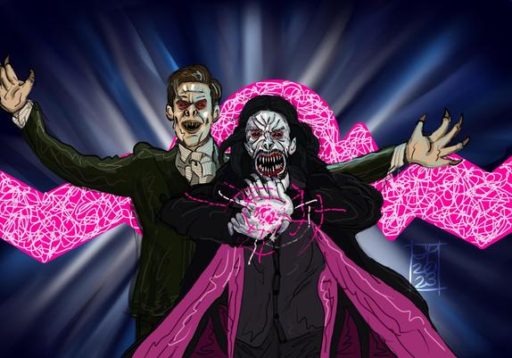 Michael and Milo Morbius from Sony’s Spider-Man Universe parodying the well-known line, “It’s morphin’ time,” from The Mighty Morphin’ Power Rangers. In the style of Woodrow White’s concept art for TMNT: Mutant Mayhem. Illustrated by Joshua Potter.