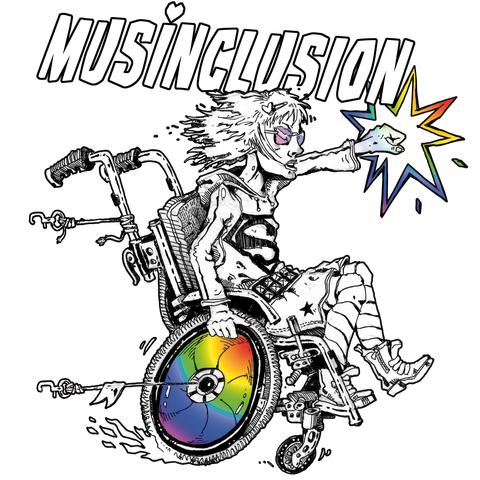 An illustration featuring a person in a colorful wheelchair with a rainbow wheel. The character exhibits a confident expression, wearing sunglasses and a casual outfit. They are striking a powerful pose with one arm raised, producing a colorful burst graphic. The text "MUSINCLUSION“ is written above.