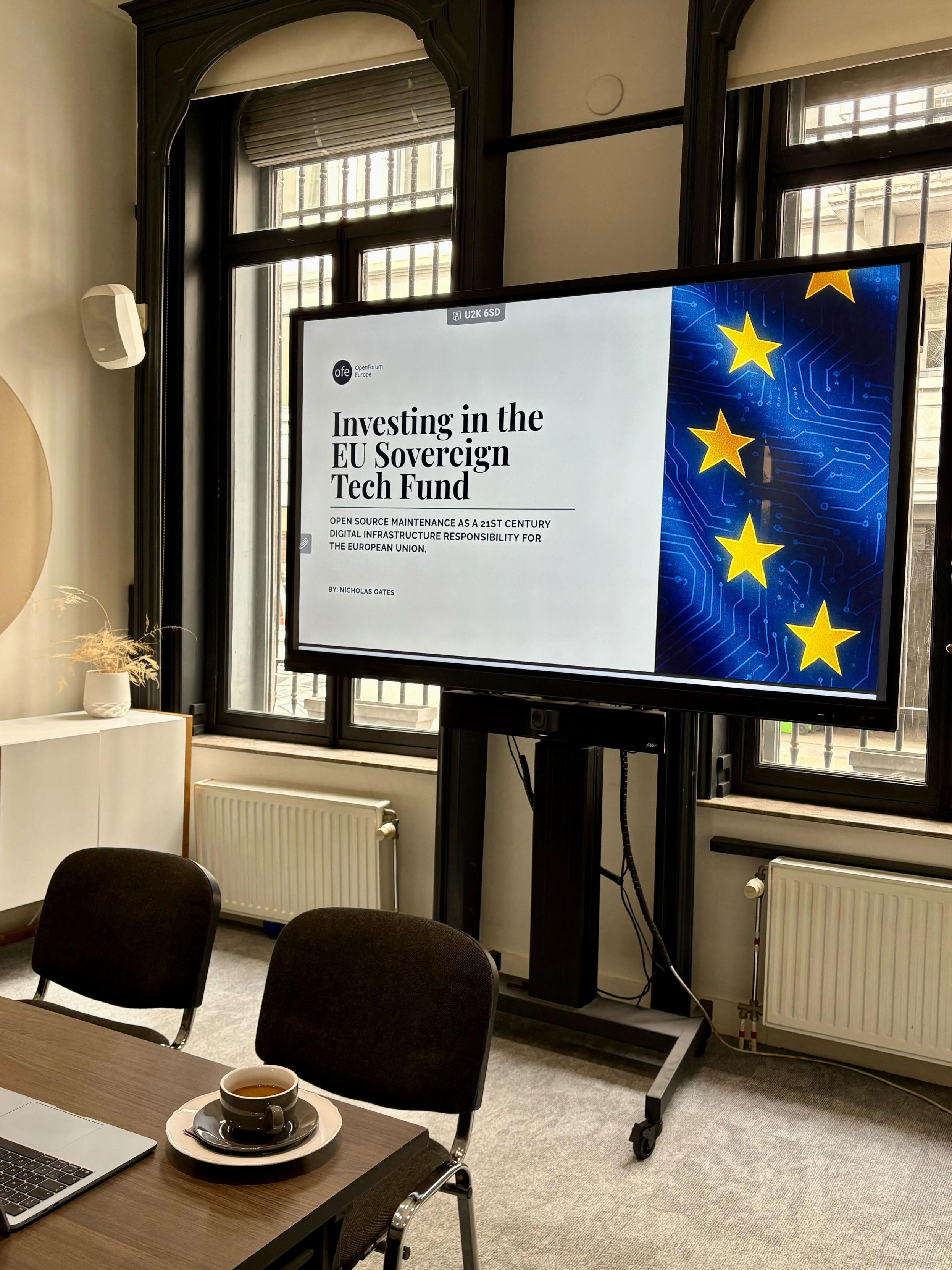 Screen in a modern office, showing an EU Flag and the headline "Investing in the EU Sovereign Tech Fund"
